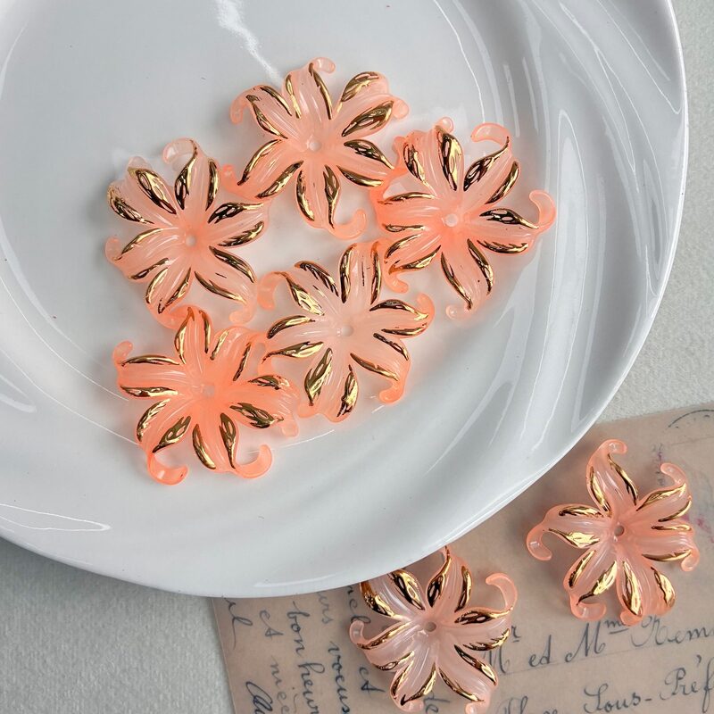Two-Tone Gold-Trimmed Acrylic Iris Flower Charms, Curled Multi-Petal Center-Hole Bases For DIY Hanfu Hairpin Buyao & Jewelry Making.