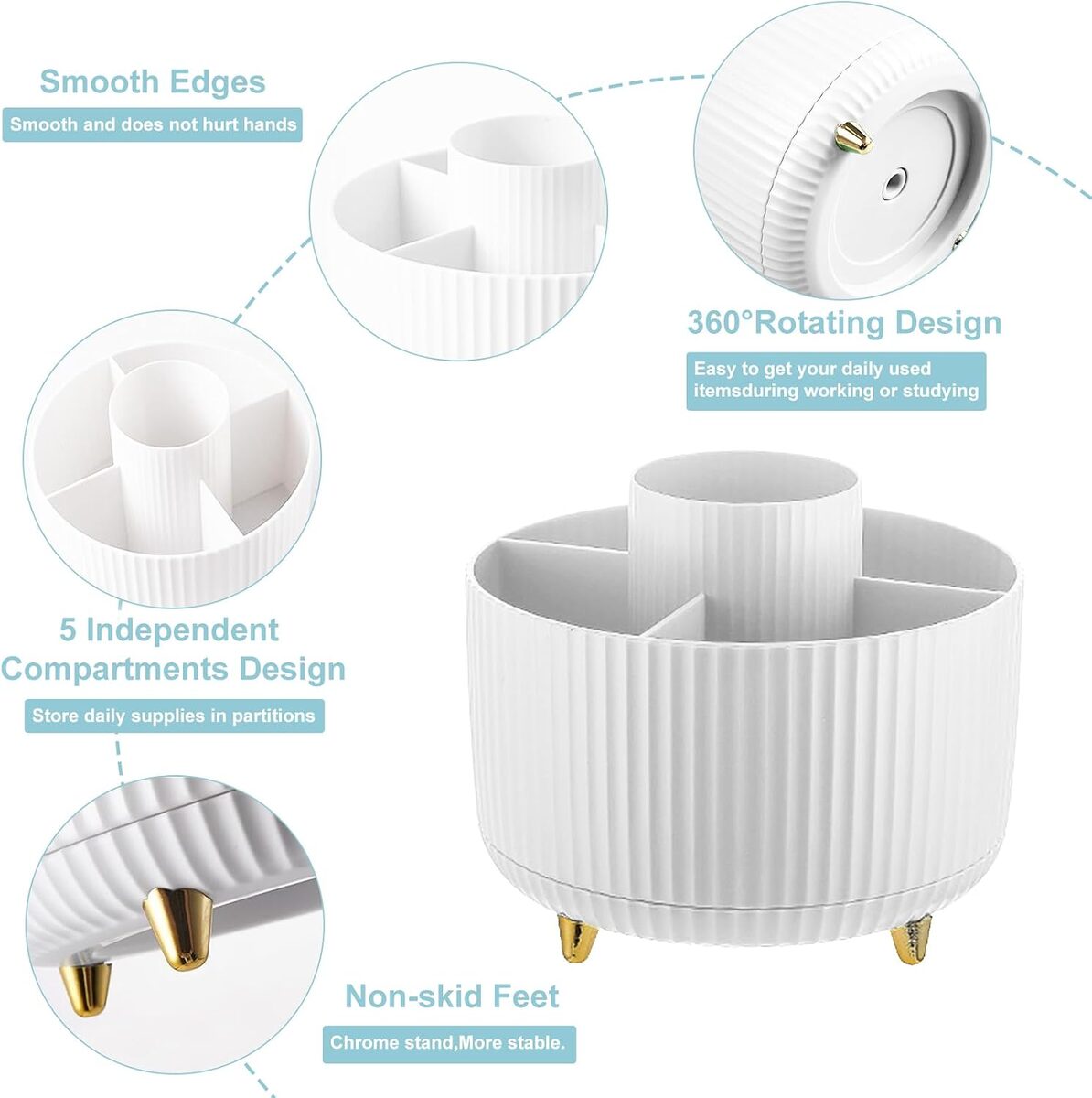 5 Slot Rotating Pencil Holder For Desk, Cute Desktop Organizer For Pens, Stationery And Office School Supplies