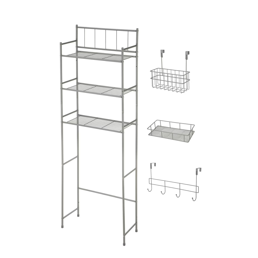 Over-the-Toilet Bathroom Storage Shelf Unit Set With Space Saver, Basket And Hooks, Satin Nickel, 4-Piece