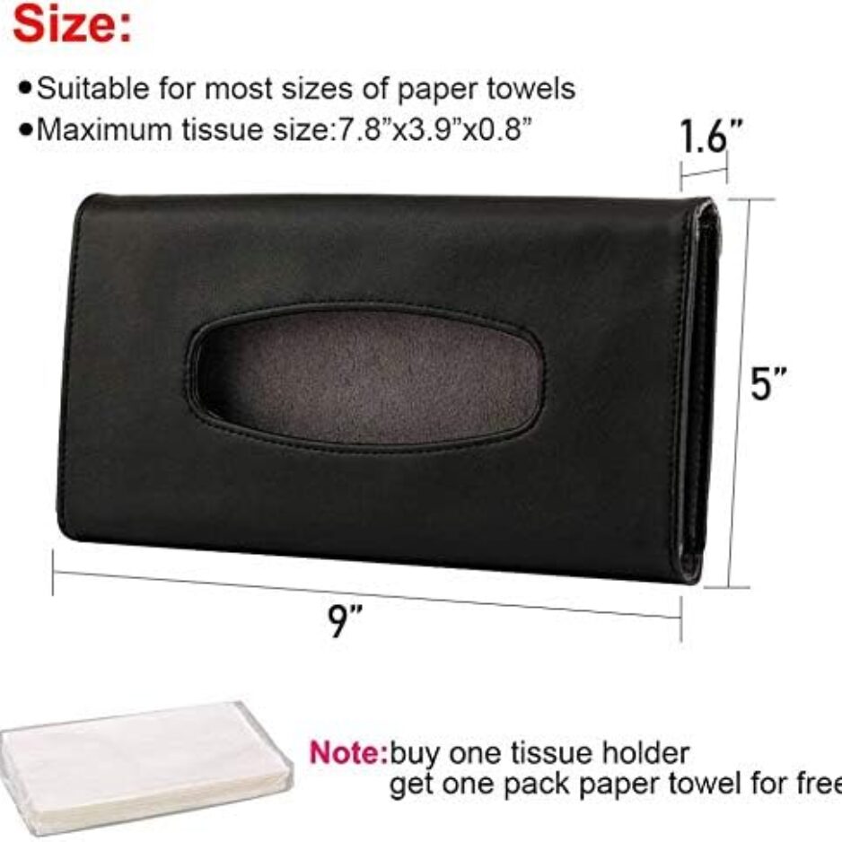 Black PU Leather Car Tissue Holder For Sun Visor, Hanging Napkin Case Box For Vehicle Interior